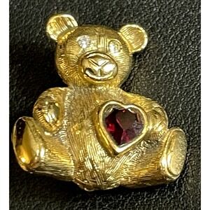 Vintage 1928 Jewelry Brooch Teddy Bear Rhinestone Heart Gold Tone Pin Valentines